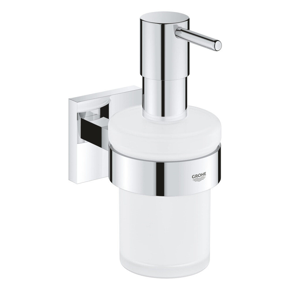 GROHE Start Cube Soap Dispenser with Holder (Material: Frosted Glass & Metal, Filling Quantity 160ml, Including Screws and Dowels), Size 158mm, Extra