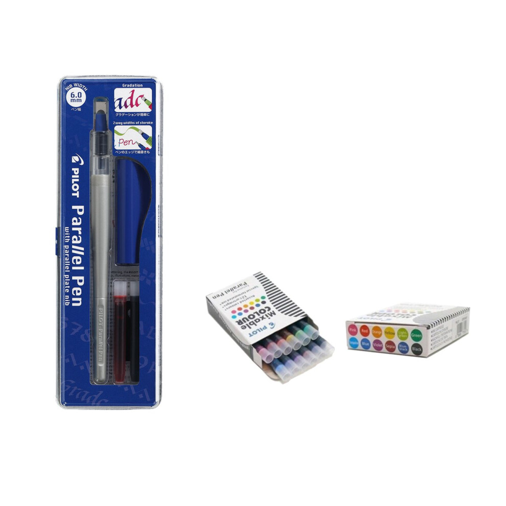 Pilot Parallel Pen, Calligraphy Pen, 6.0 mm, Rechargeable + Box with 12 Assorted Refills, Pack of 1