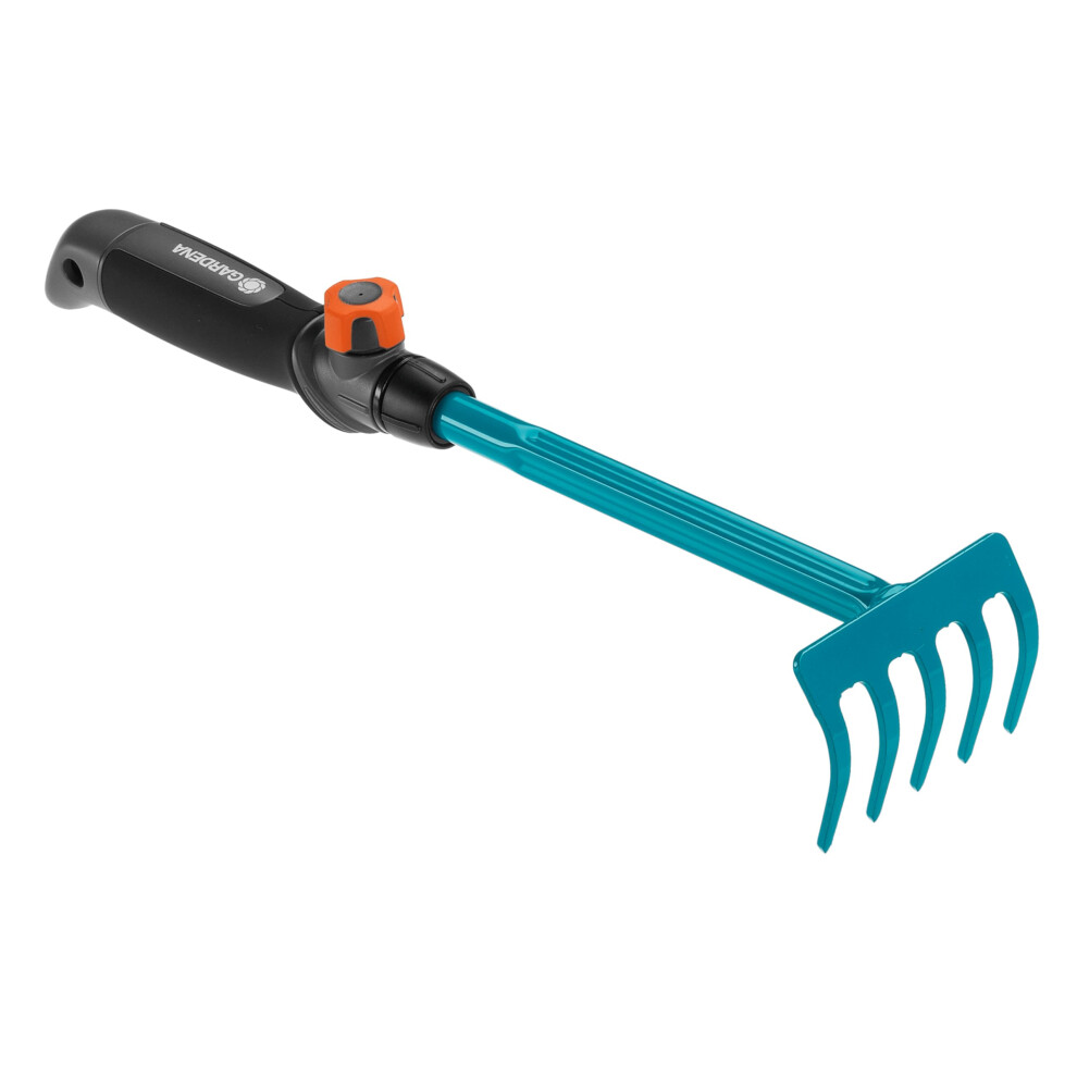 GARDENA combisystem Flower Rake: Five-tined hand rake for raking and loosening soil in beds and flower boxes, 8.5 cm working width, ergonomic handle,