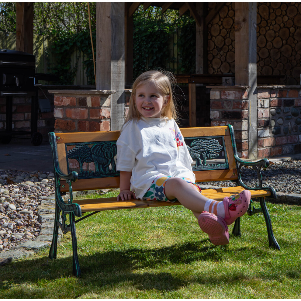Kids 2 Seater Wooden & Cast Iron Garden Patio Childrens Bench with Animal Design-image-OPC-PFZW55G-NEW