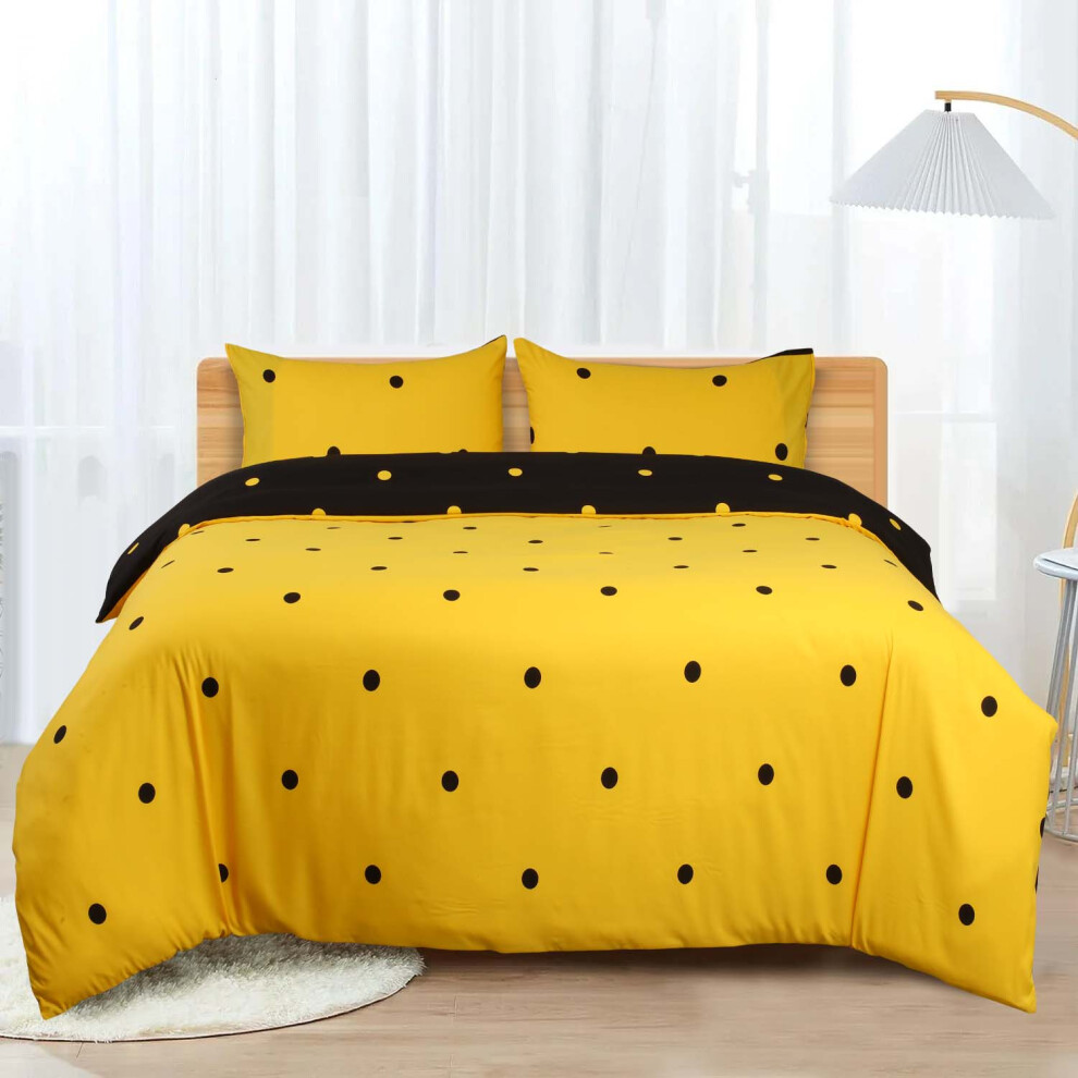 (Black & Yellow Dotted, Double) Reversible Duvet Quilt Cover Bedding Set With Pillow Cases Single Double King