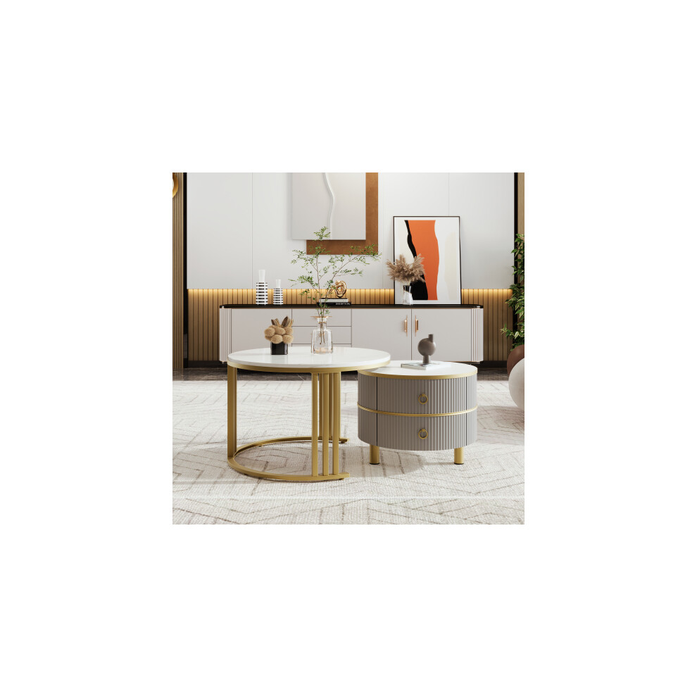 2-in-1 round coffee table with 1 side table , living room coffee table set with 2 drawers