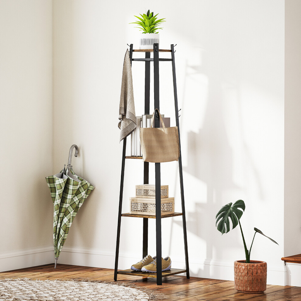 (Brown) HOMCOM Clothes Rack with Storage, Garment Rack with 8 Hooks and 3-Tier Shelf