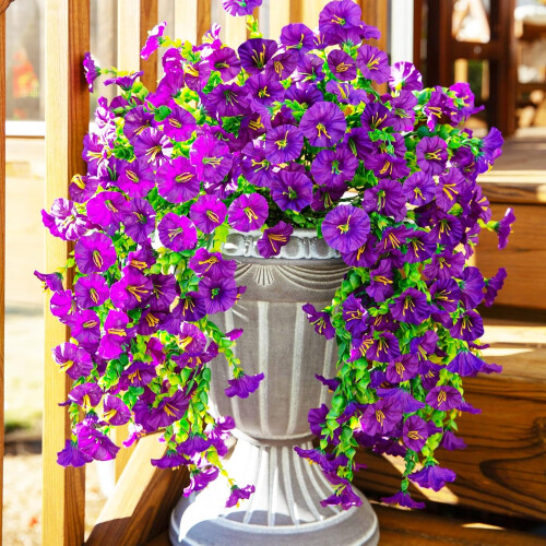 (Purple) Artificial Hanging Flowers Morning Vines Hanging 2PCS Faux Silk Morning Glory Flowers UV Resistant Hanging Plants for Home Porch Patio Garden Decor