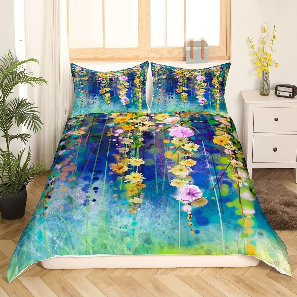 (Double, Multi 02) Homewish Flower Duvet Cover Set Romanic Spring Floral Bedding Set For Boys Girls Tie Dye Comforter Cover Abstract Weeds Blossoms Ivy Back Florets Shru