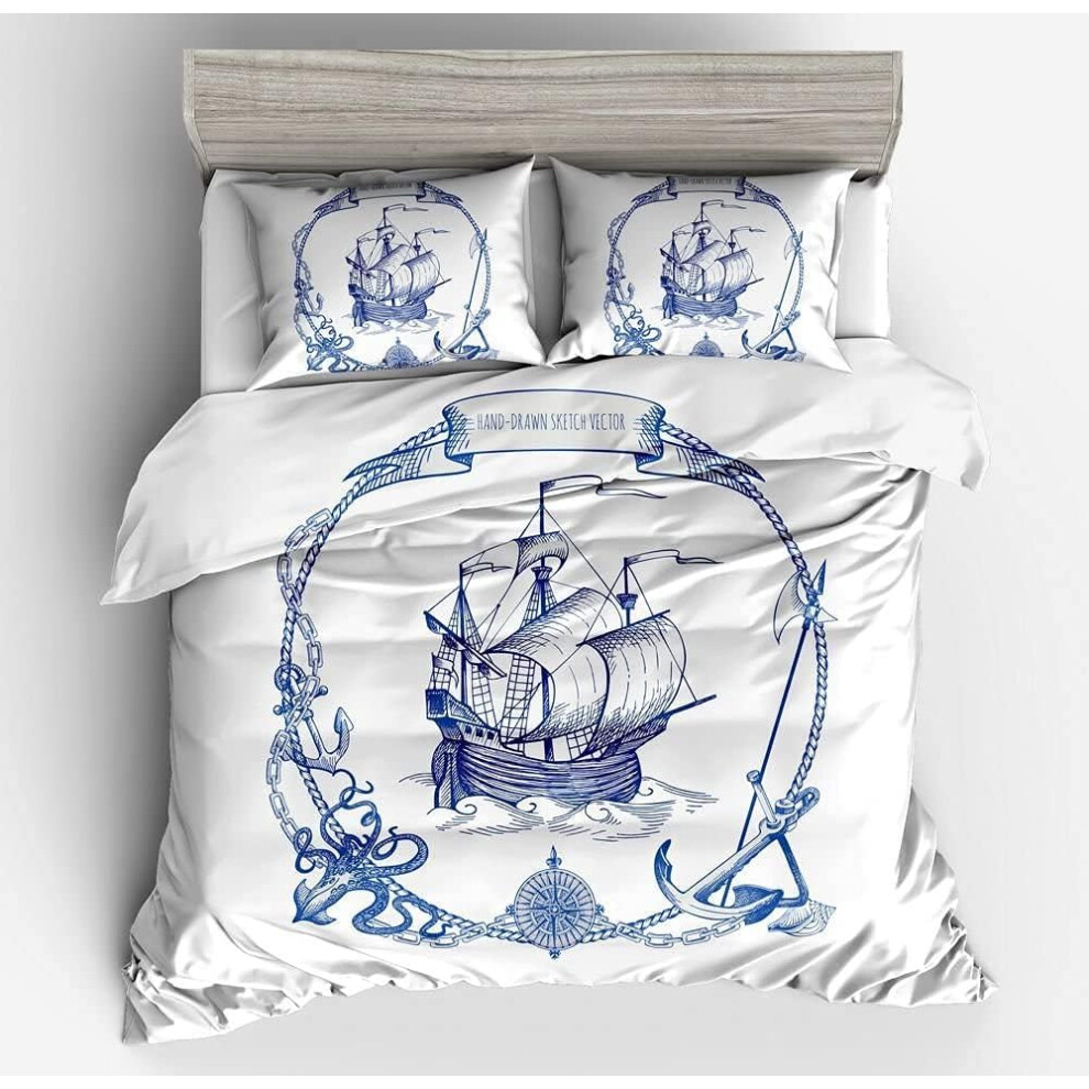 (Single, Multi 01) Sailboat Bedding Set Nautical Decor Duvet Cover Double Size Blue Retro Sailboat Bedding Soft Duvet Cover Compass Anchor Pattern Dec