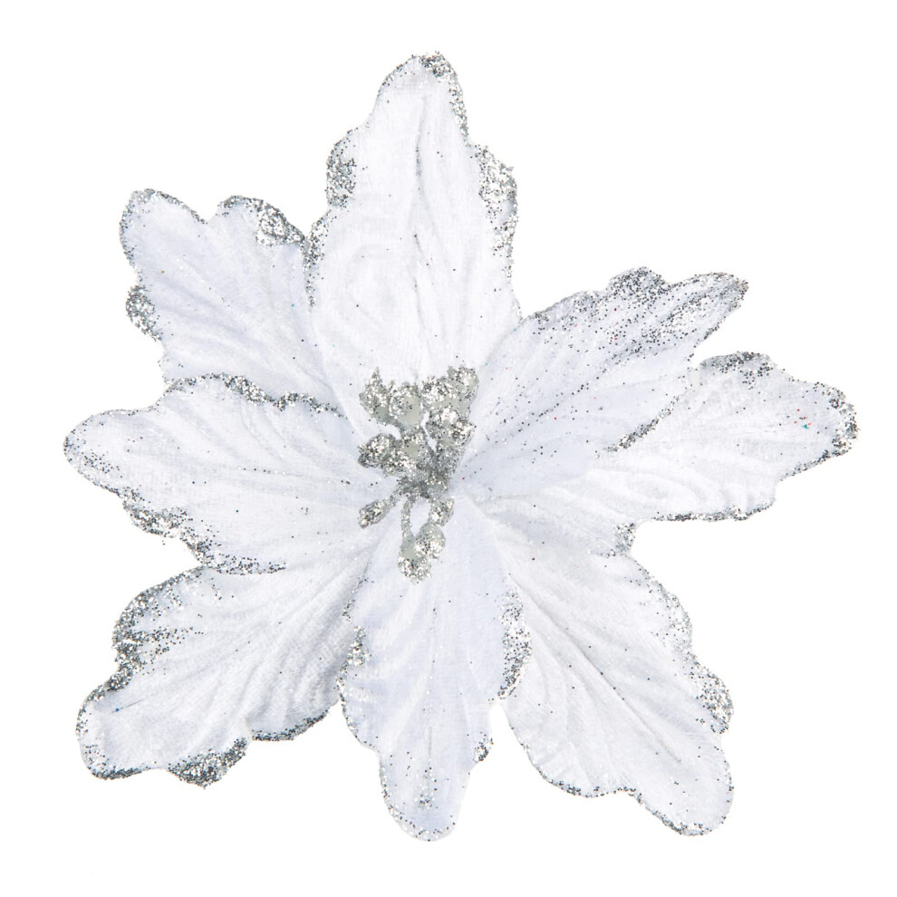 Duhouse 7 Pezzi Di Fiori A Forma Di Poinsettia Artificiali Glitterati Con Steli, Per Decorare La Casa E La Cucina (Bianco)-image