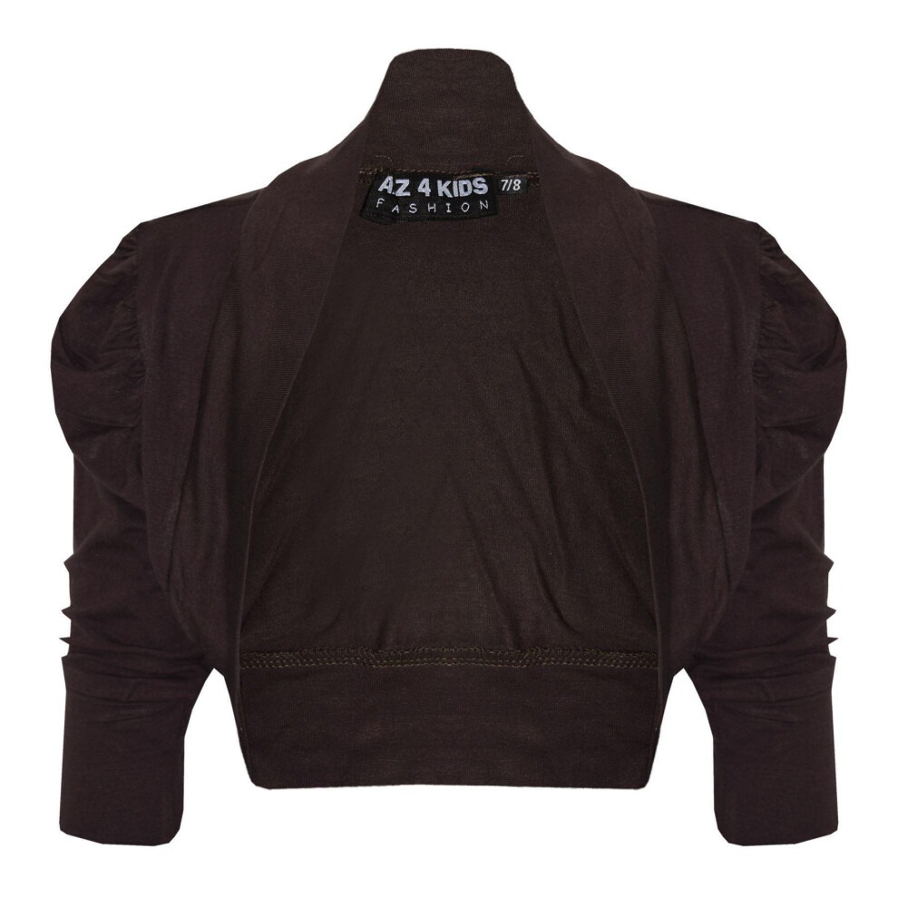 (13-14 Years, Chocolate) New Kids Girls Ruched Sleeve Stylish Shrug Bolero Cropped Cardigan 2-13 Years-image-OPC-P57XGWP-NEW