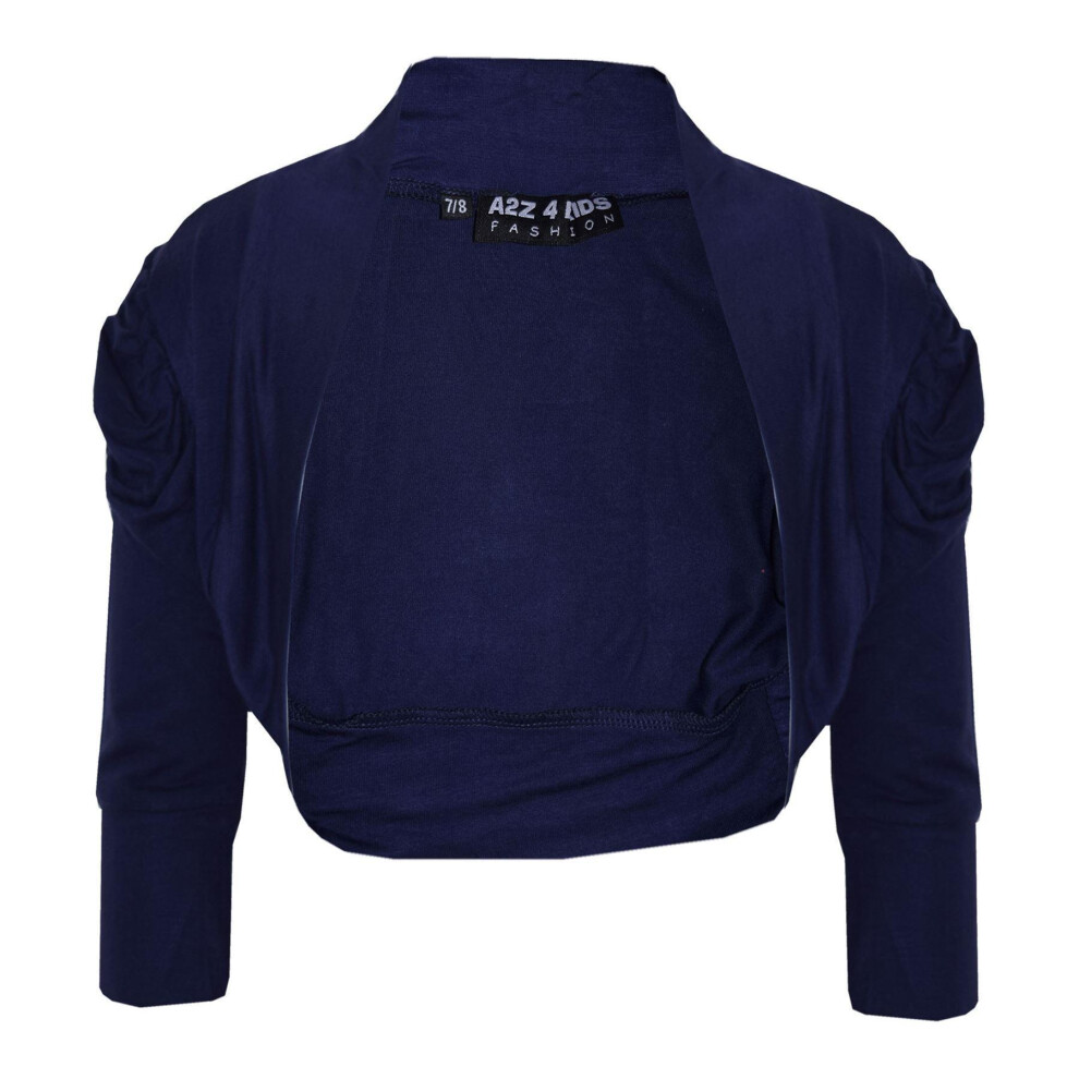 (11-12 Years, Navy) New Kids Girls Ruched Sleeve Stylish Shrug Bolero Cropped Cardigan 2-13 Years