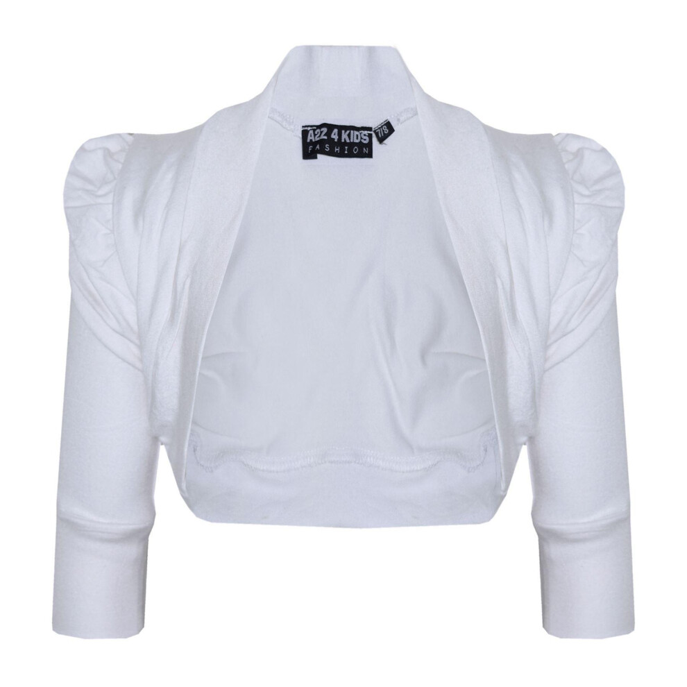 (13-14 Years, White) New Kids Girls Ruched Sleeve Stylish Shrug Bolero Cropped Cardigan 2-13 Years