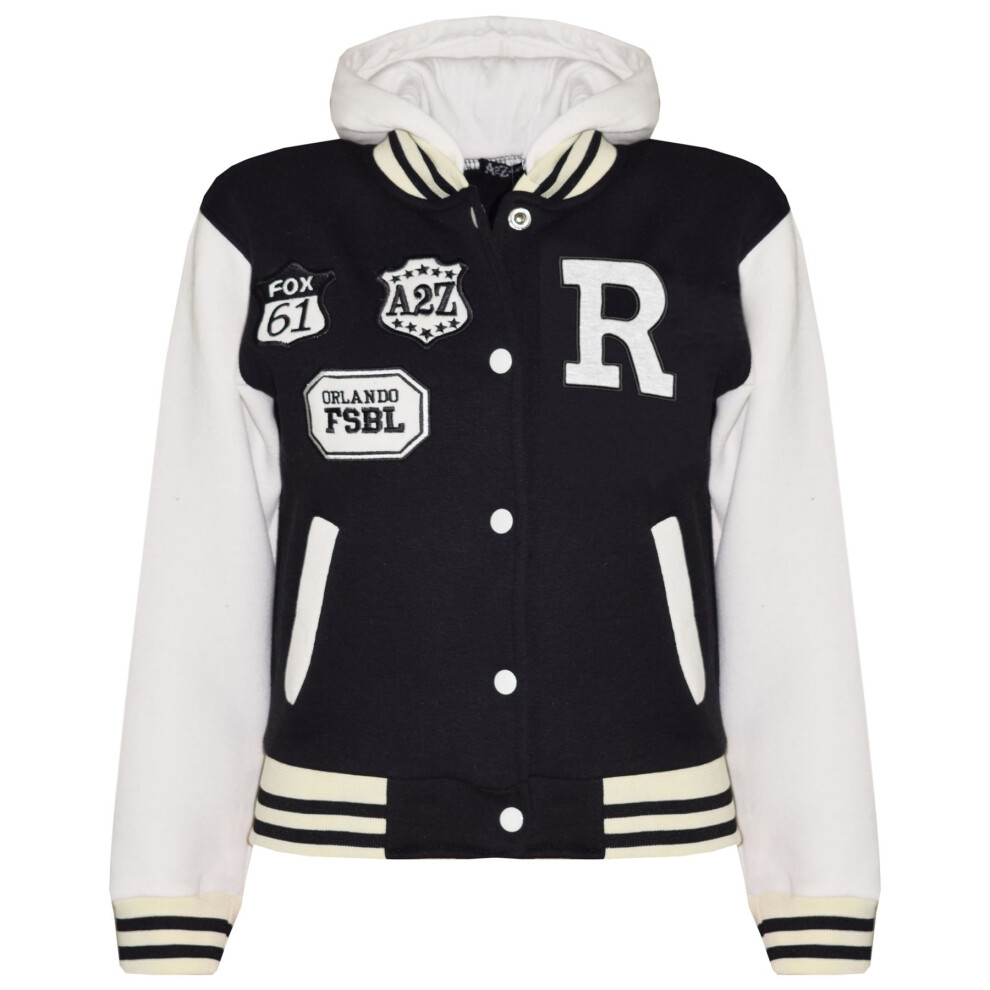 (11-12 Years, Black) Kids Girls Boys R Fashion NYC FOX Baseball Hooded Jacket Varsity Hoodie 2-13 Yrs