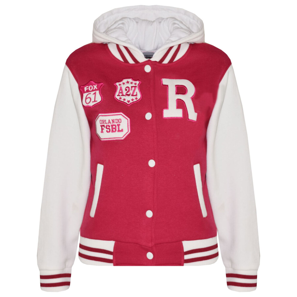 (11-12 Years, Pink) Kids Girls Boys R Fashion NYC FOX Baseball Hooded Jacket Varsity Hoodie 2-13 Yrs