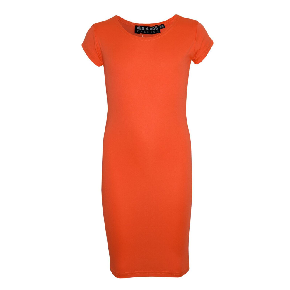(5-6 Years, Neon Orange) Gilrs Midi Dress Kids 100% Polyester Plain Bodycon Fashion Dresses Age 5-13 Year-image-OPC-P57XZKM-NEW