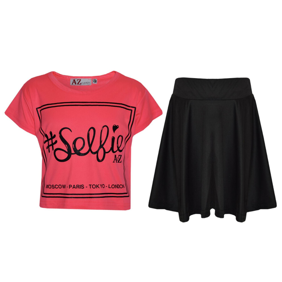 (9-10 Years, Neon Pink) Girls Top Kids Selfie Print Stylish Crop Top & Skater Skirt Set Age 7-13 Years-image-OPC-P57Y577-NEW