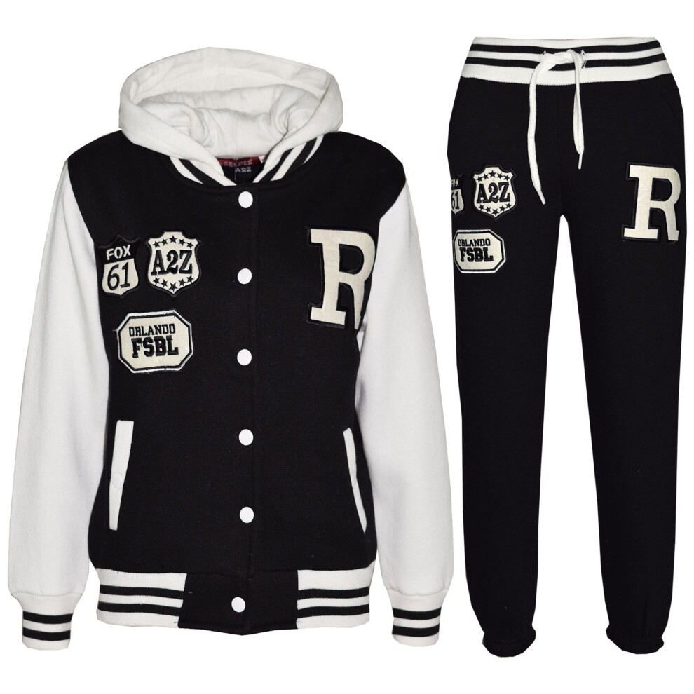 (13 Years, Black) Girls Boys Hooded Baseball Varsity Tracksuit 7-13