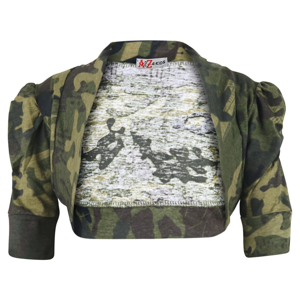 (13 Years, Camo Green) Kids Girls Shrug Bolero Cropped Cardigan 2-13 Yr