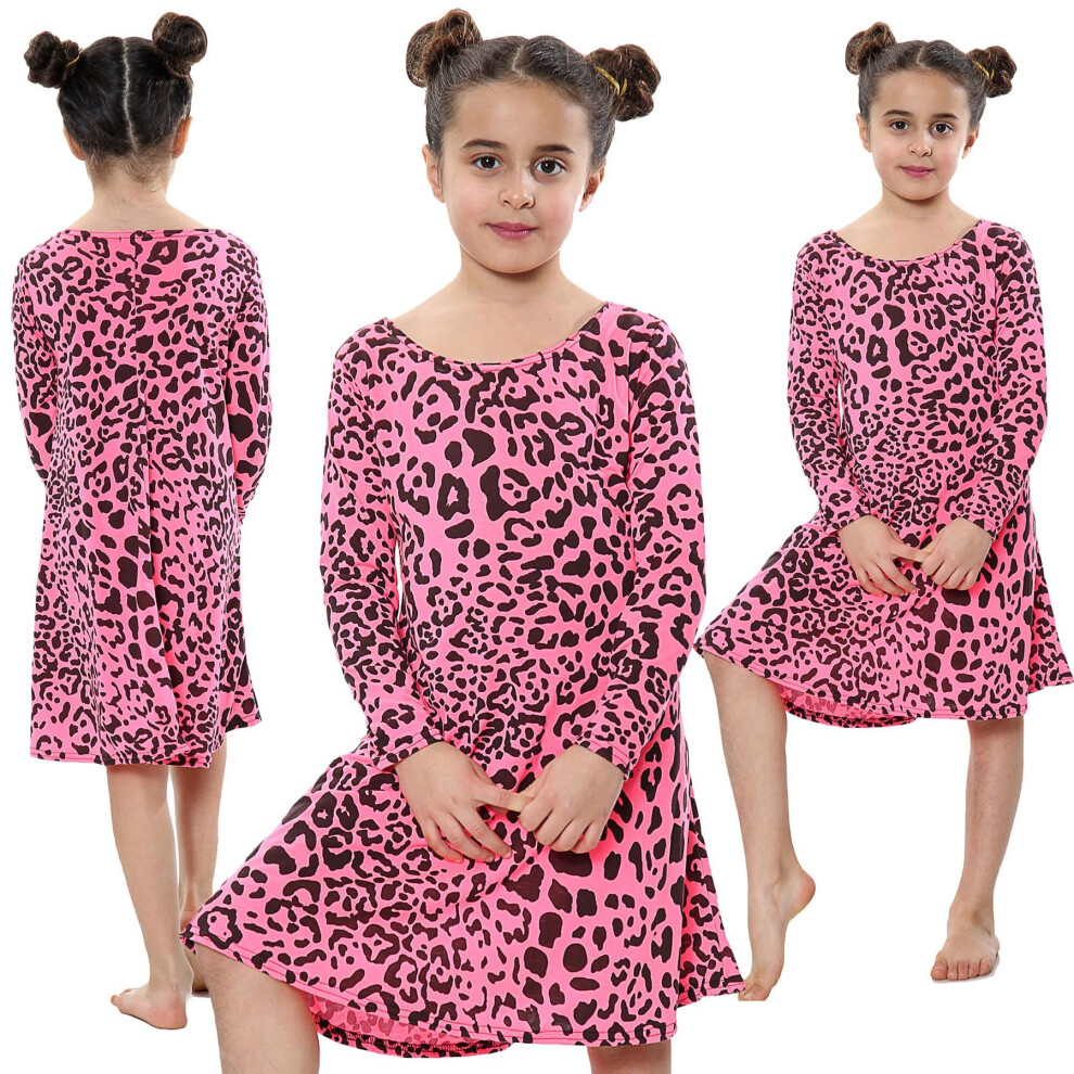 (5-6 Years, Neon Pink) Kids Girls Leopard Print Swing Dress Trendy Top