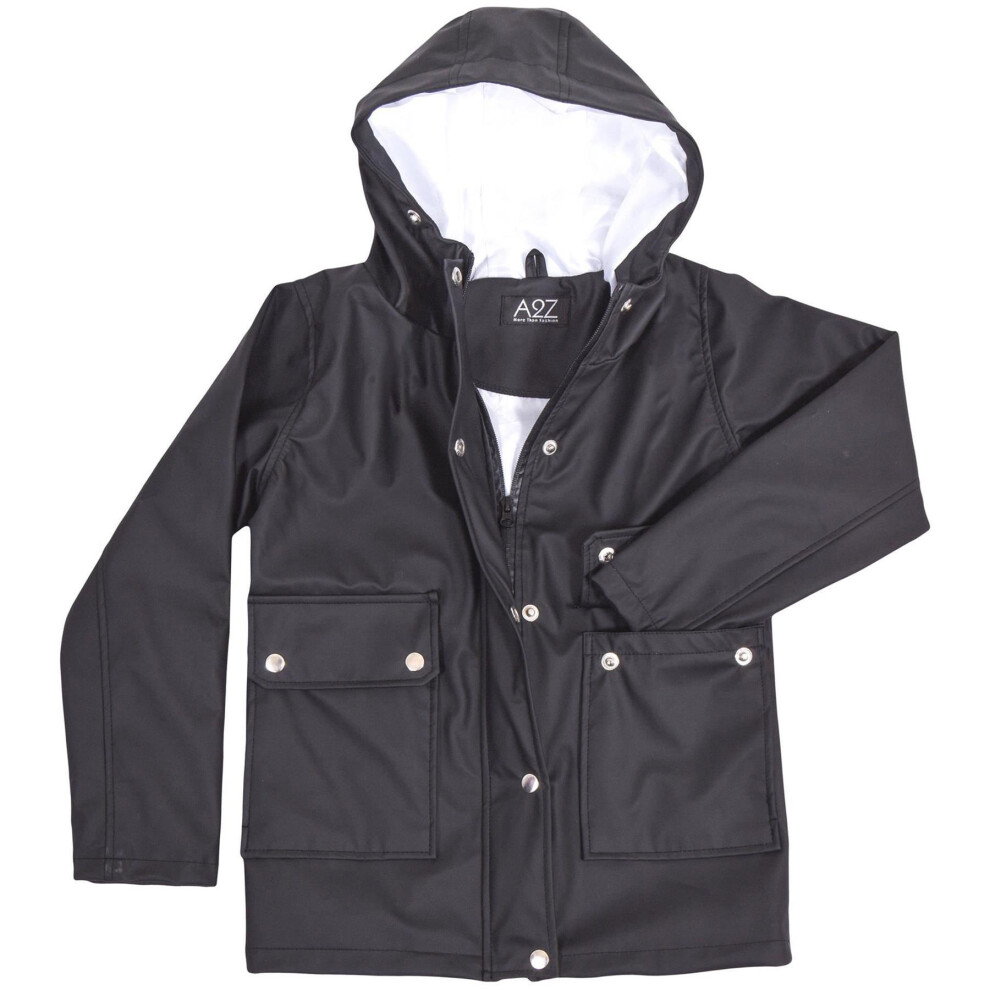 (5-6 Years, Black) Kids Girls Boys PU Raincoat Parka Hooded Jacket