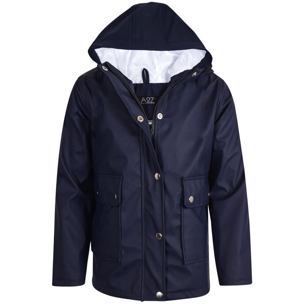 (11-12 Years, Navy Blue) Kids Girls Boys PU Raincoat Parka Hooded Jacket-image-OPC-PB2TB6B-NEW