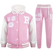 (5-6 Years, Baby Pink) Girls Boys Hooded Baseball Varsity Tracksuit 5-13