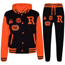 (5-6 Years, Black & Neon Orange) Girls Boys Hooded Baseball Varsity Tracksuit 5-13