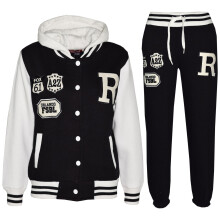 (5-6 Years, Black) Girls Boys Hooded Baseball Varsity Tracksuit 5-13