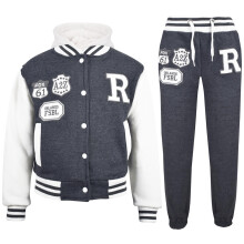 (5-6 Years, Charcoal) Girls Boys Hooded Baseball Varsity Tracksuit 5-13