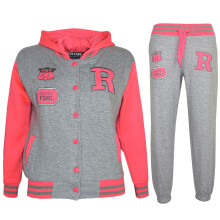 (5-6 Years, Grey & Neon Pink) Girls Boys Hooded Baseball Varsity Tracksuit 5-13