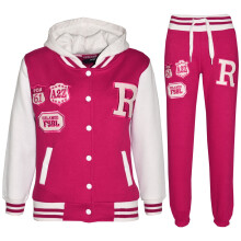 (9-10 Years, Pink) Girls Boys Hooded Baseball Varsity Tracksuit 5-13