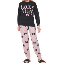 (4XL, Black) Ladies Lazy Day Print Top & Bottom Pyjamas Set