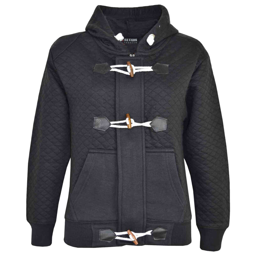 (7-8 Years, Black) Girls Boys Duffel Quilted Fleece Hooded Jacket 5-13