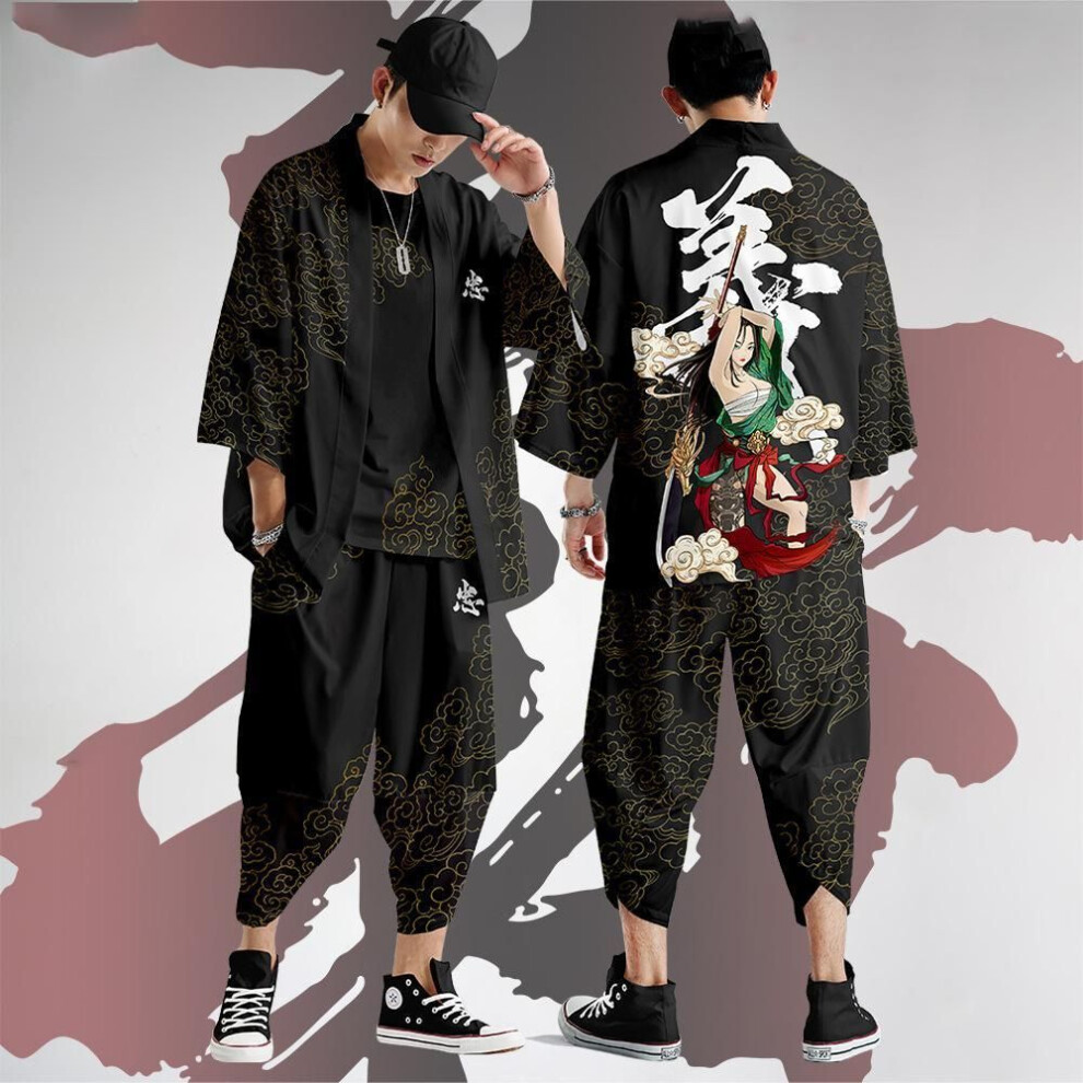 (as the picture, XS) Men Kimono Cardigan Suit Summer Kimono Cardigan+loose Trousers 2 Piece Set