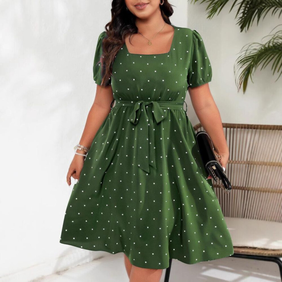(green, 1XL) Plus Size Women's Elegant Vintage Polka Dot Waist Strap Square Neck Swing Dress