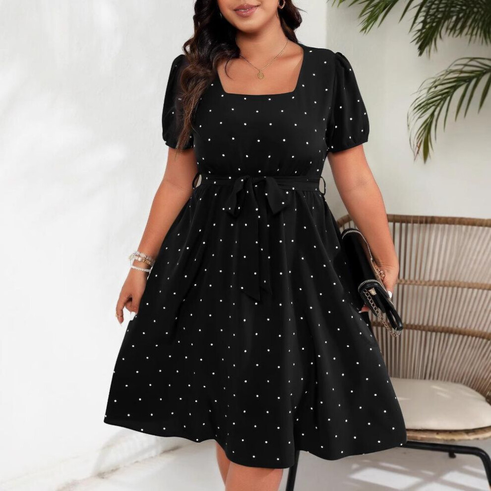 (black, 1XL) Plus Size Women's Elegant Vintage Polka Dot Waist Strap Square Neck Swing Dress