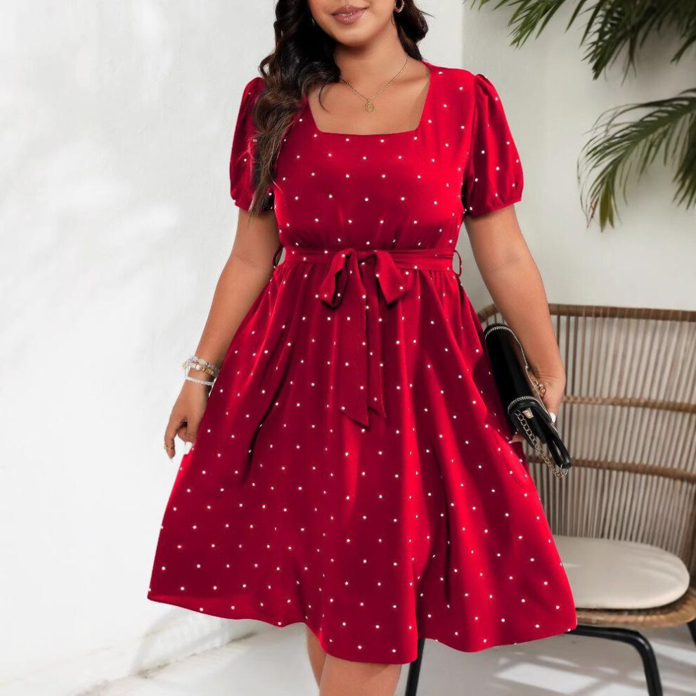 (red, 0XL) Plus Size Women's Elegant Vintage Polka Dot Waist Strap Square Neck Swing Dress