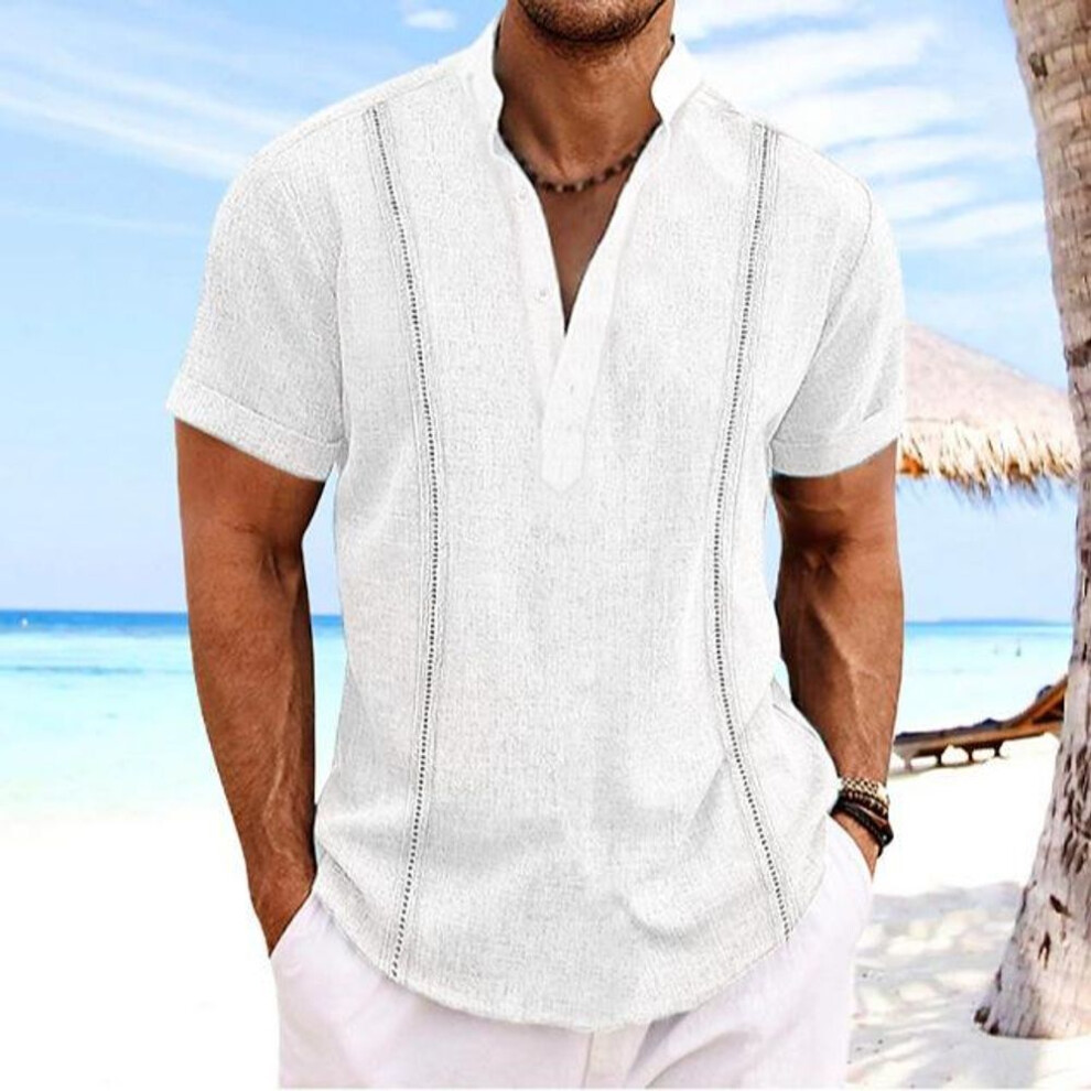 (XL, white) Men's Short Sleeve Henley Neck Solid Colour Cuban Guayabera Cotton Linen Shirt Short Sleeve Top