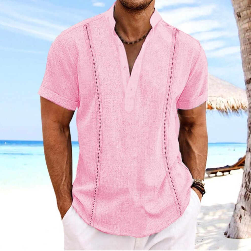 (XXL, pink) Men's Short Sleeve Henley Neck Solid Colour Cuban Guayabera Cotton Linen Shirt Short Sleeve Top