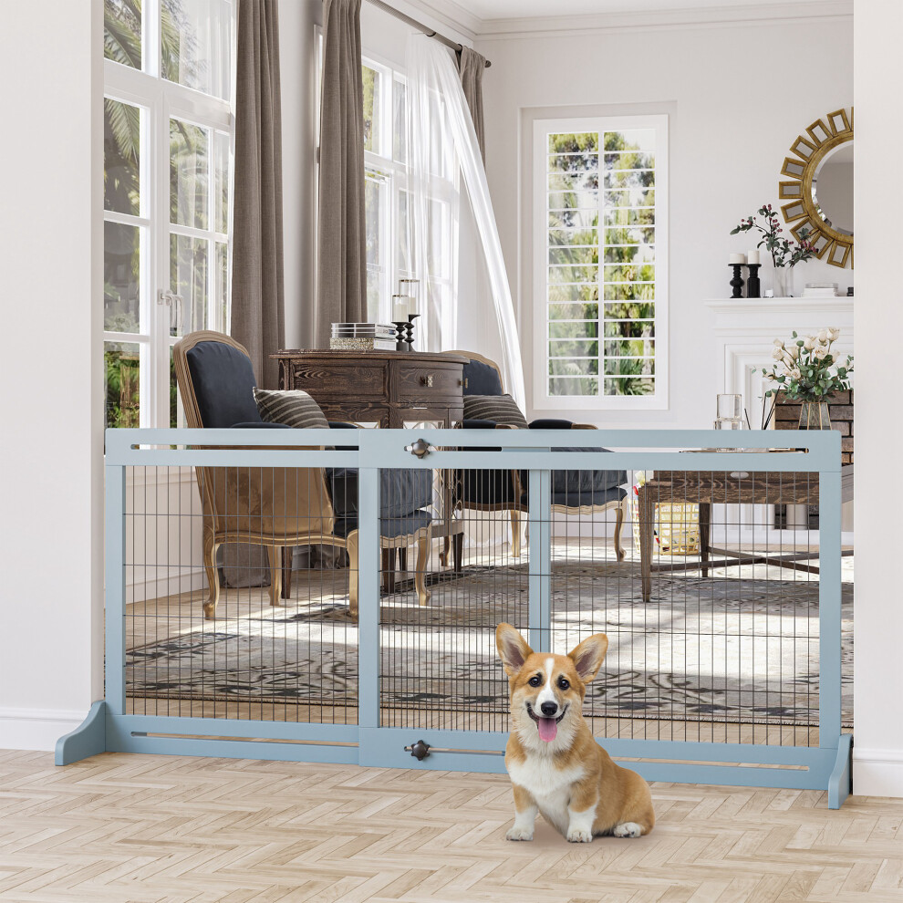 Pawhut Adjustable Wooden Pet Gate Freestanding Dog Barrier For Doorway, Grey
