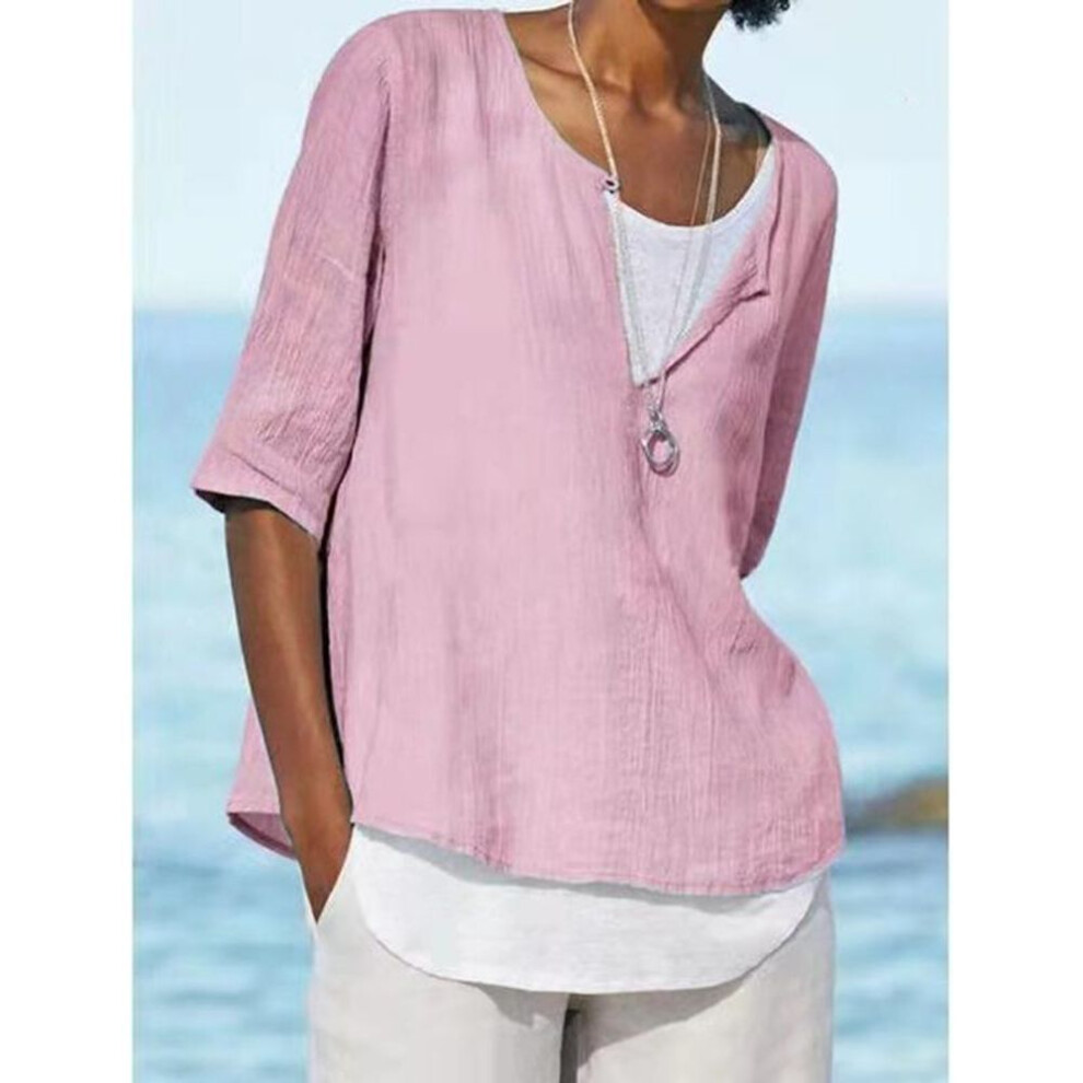 (XXL, pink) Summer New V-neck Solid Plus Size Women's Shirts Casual Fashion O Neck Simple Loose Blouses Women Tops Elegant Vintage Ladies White Blouse S-5XL 26189