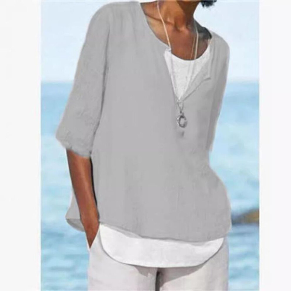 (4XL, grey) Summer New V-neck Solid Plus Size Women's Shirts Casual Fashion O Neck Simple Loose Blouses Women Tops Elegant Vintage Ladies White Blouse S-5XL 26189