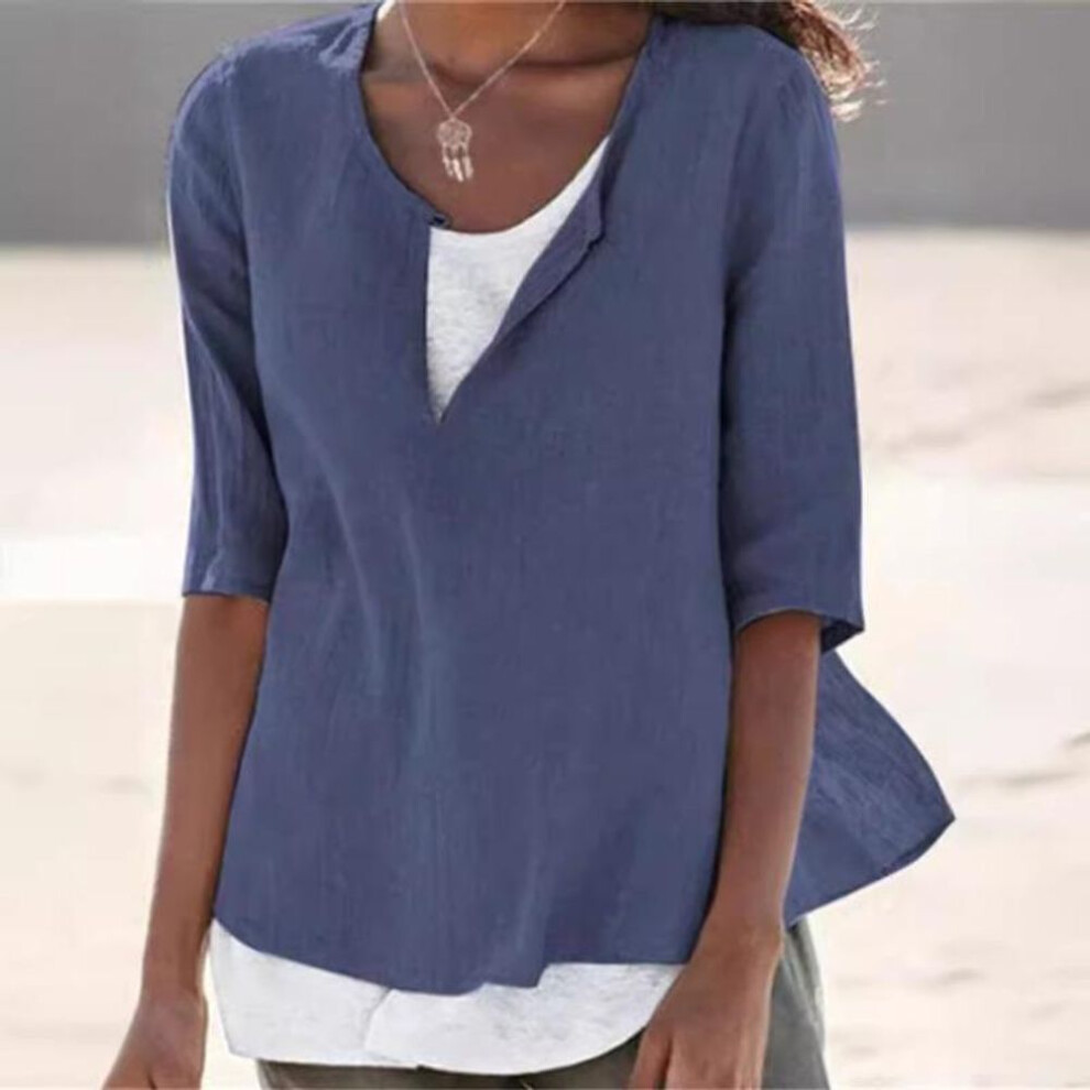 (4XL, dark blue) Summer New V-neck Solid Plus Size Women's Shirts Casual Fashion O Neck Simple Loose Blouses Women Tops Elegant Vintage Ladies White Blouse S-5xl 26189