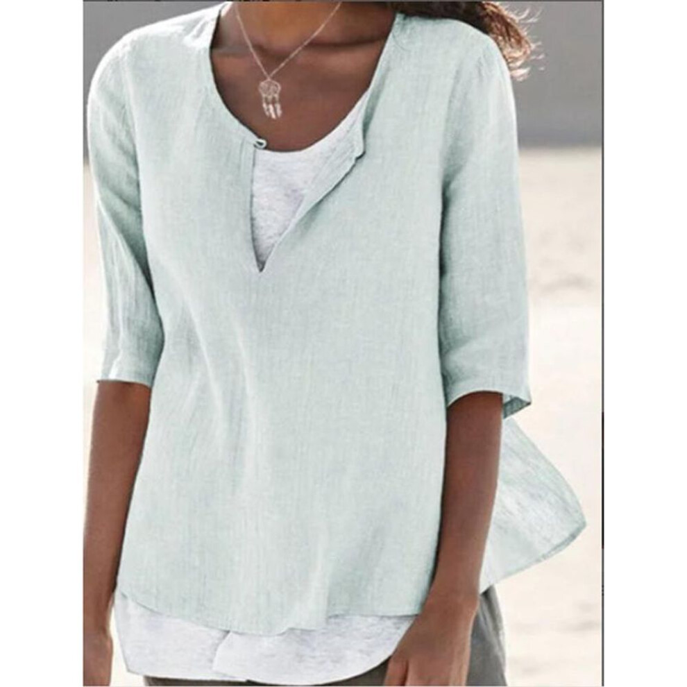 (M, lake green) Summer New V-neck Solid Plus Size Women's Shirts Casual Fashion O Neck Simple Loose Blouses Women Tops Elegant Vintage Ladies White Blouse S-5XL 26189