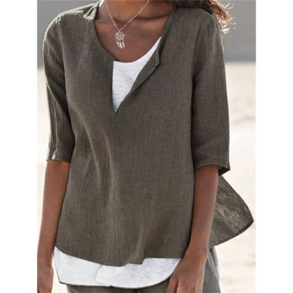 (L, dark green) Summer New V-neck Solid Plus Size Women's Shirts Casual Fashion O Neck Simple Loose Blouses Women Tops Elegant Vintage Ladies White Blouse S-5XL 26189