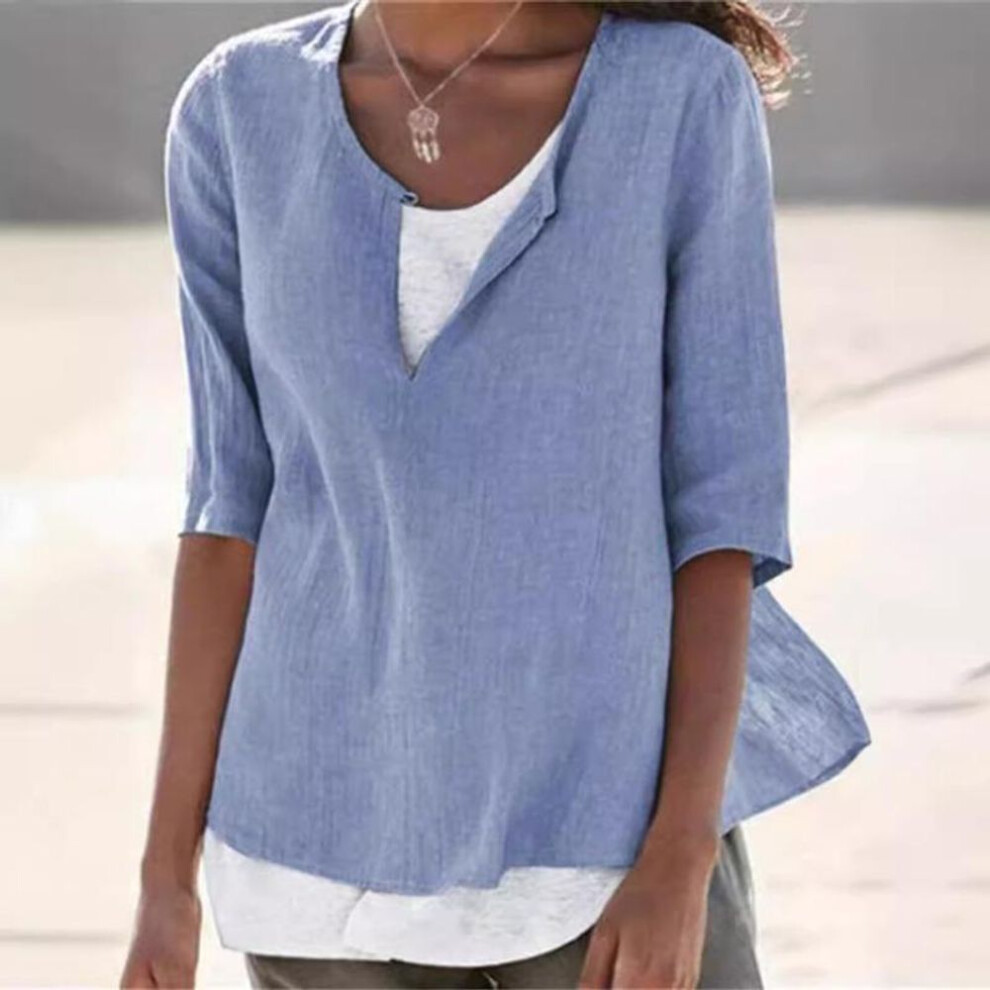 (XXL, blue) Summer New V-neck Solid Plus Size Women's Shirts Casual Fashion O Neck Simple Loose Blouses Women Tops Elegant Vintage Ladies White Blouse S-5XL 26189