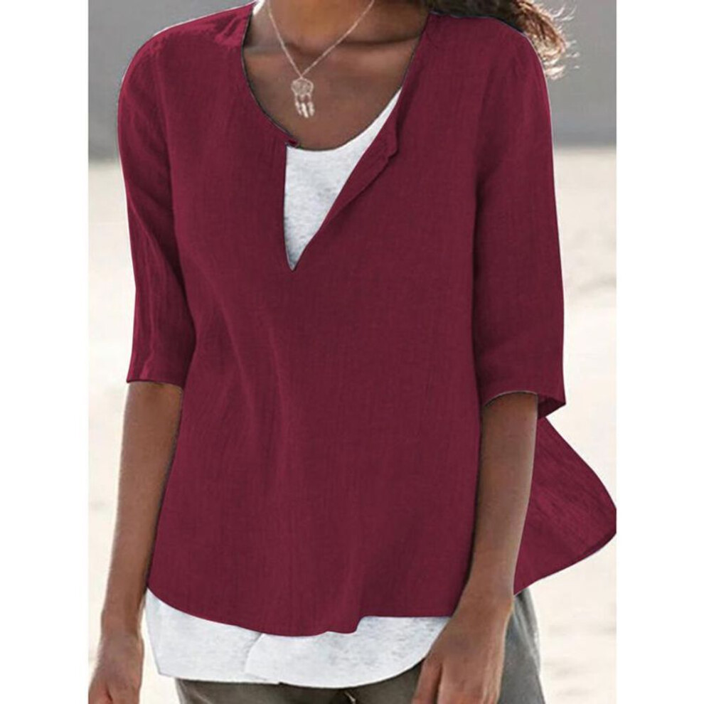 (5XL, burgundy) Summer New V-neck Solid Plus Size Women's Shirts Casual Fashion O Neck Simple Loose Blouses Women Tops Elegant Vintage Ladies White Blouse S-5XL 26189