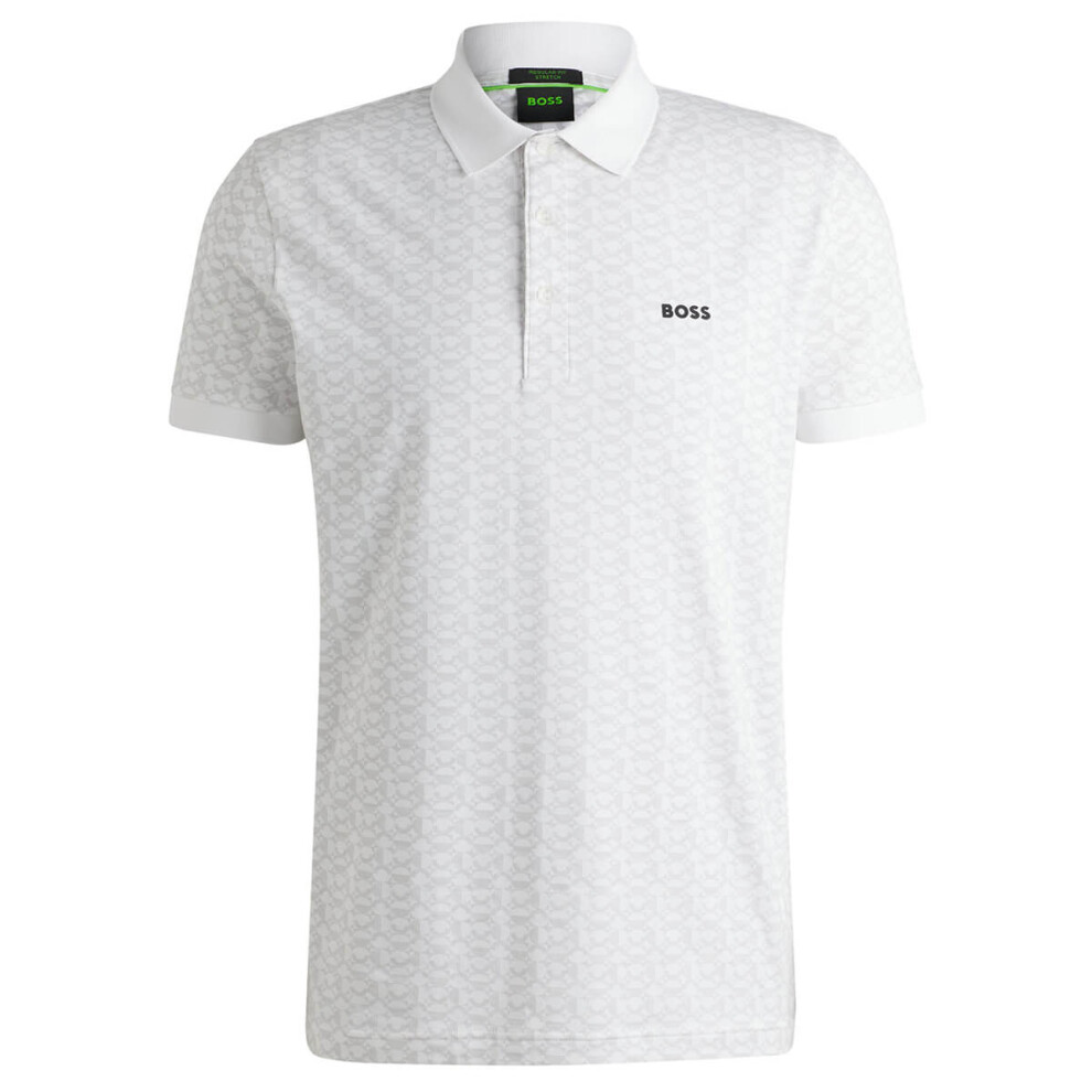(L, White) Hugo Boss Mens 2025 Paddy Striped Cotton Blend Regular Fit Golf Polo Shirt