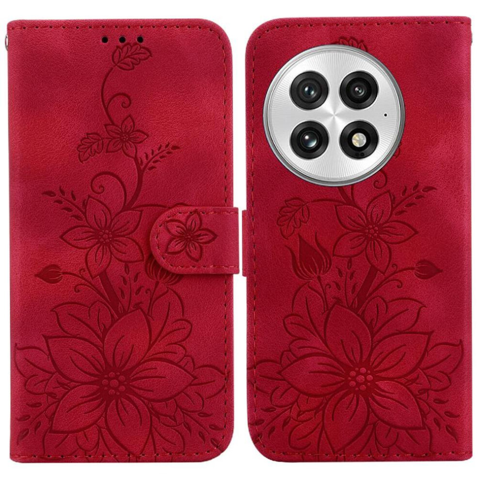 (Red) Flip Case For Oneplus 13 Magnetic Card Holder Kickstand Embossed Lily Wallet Red 764544150590