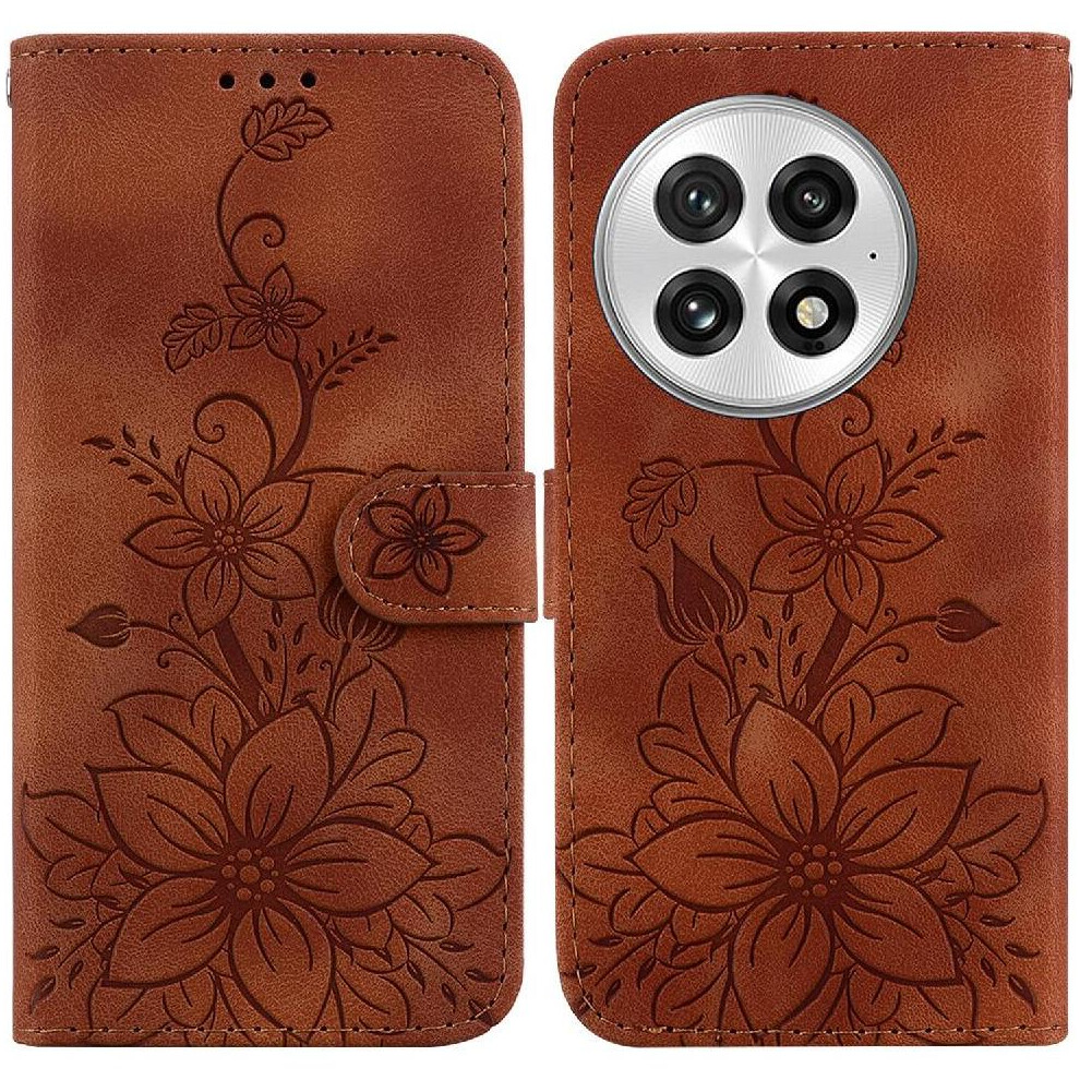 (Brown) Flip Case For Oneplus 13 Magnetic Card Holder Kickstand Embossed Lily Wallet Brown 764544150569