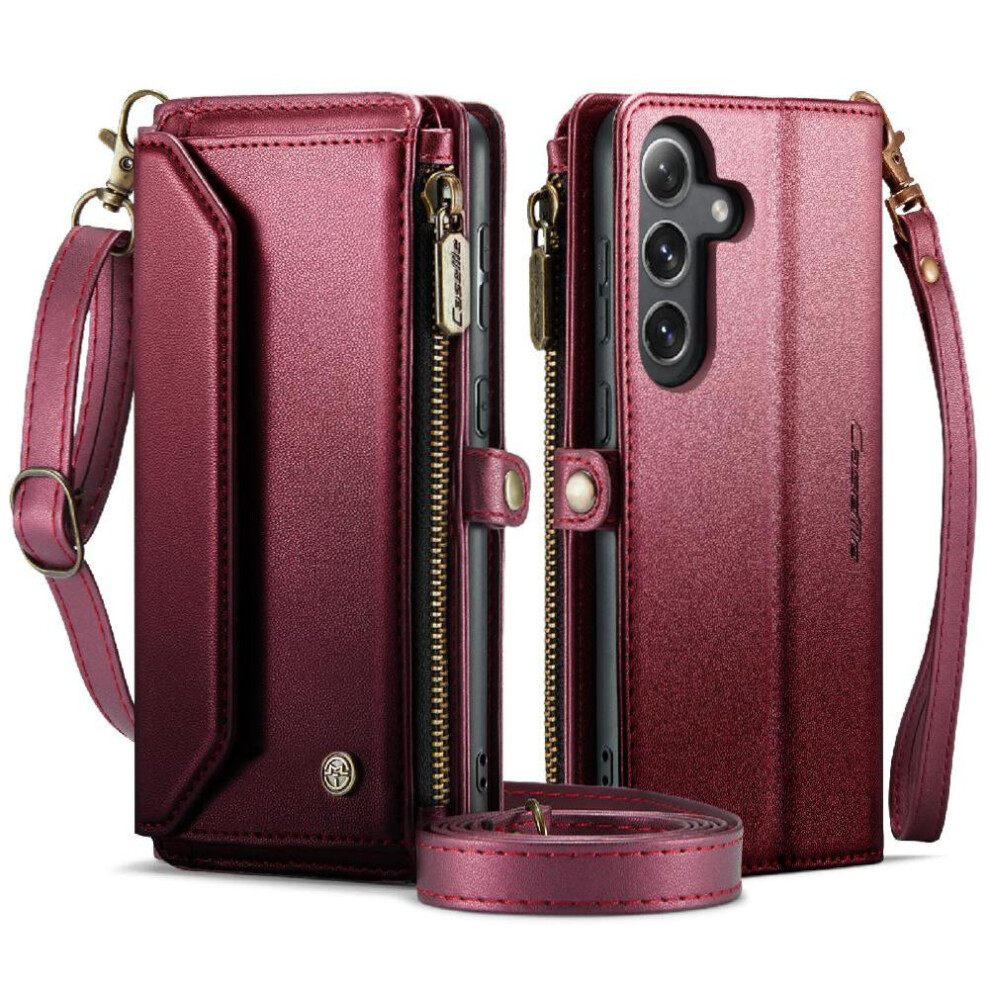 (Red) Crossbody Flip Case For Samsung Galaxy S25 Zipper Bills Slot Rfid Blocking Card Holder Case Wallet Red 764544151382