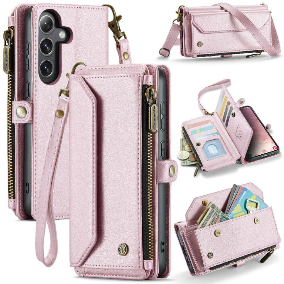 (Pink) Crossbody Flip Case For Samsung Galaxy S25 Zipper Bills Slot Rfid Blocking Card Holder Case Wallet Pink 764544151399